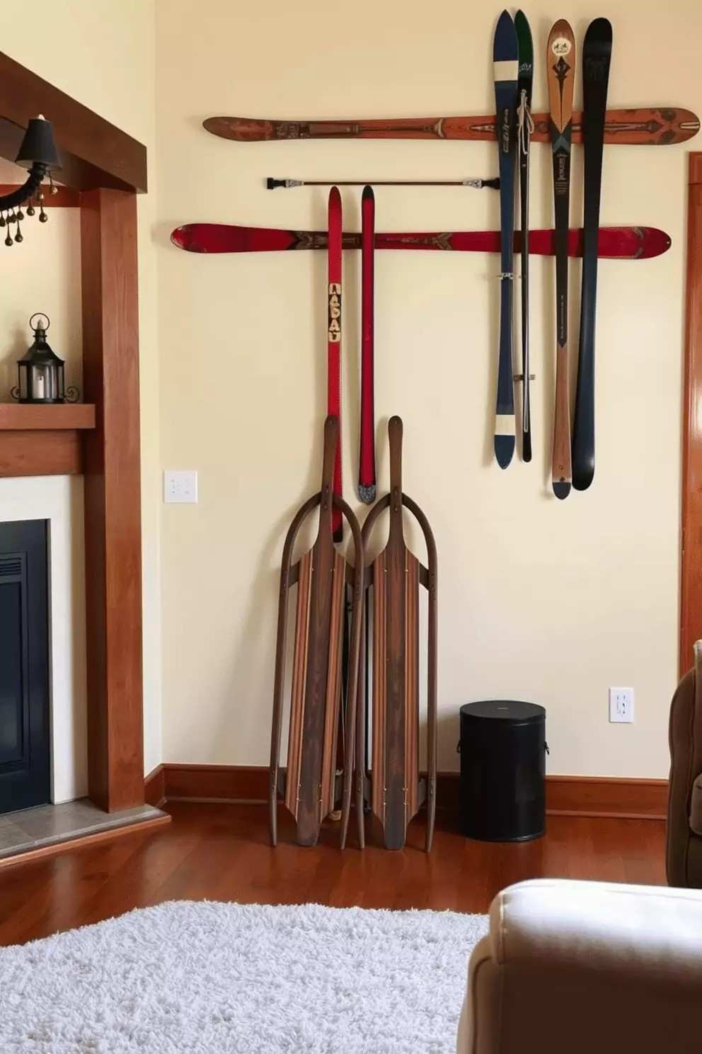 A pair of antique wooden skis mounted on a wall for winter theme