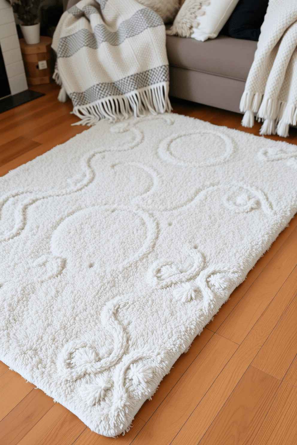 A plush white shag rug in a living room adding warmth and texture