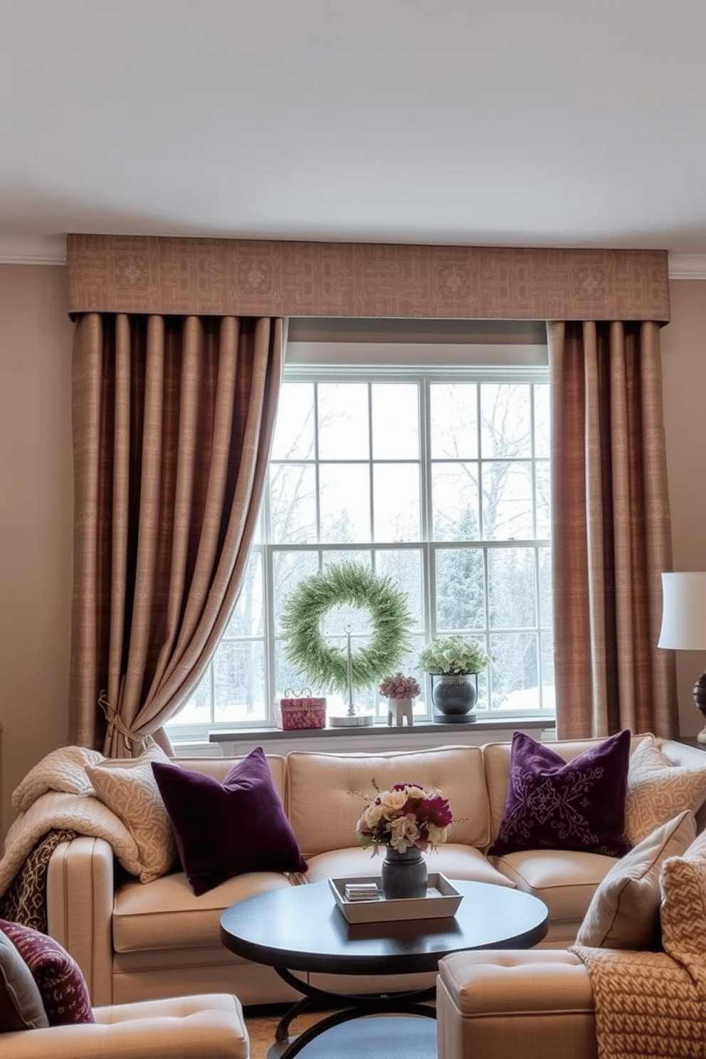 A simple evergreen wreath hung on a living room window