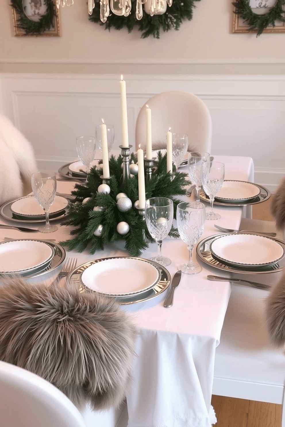 A dining table set with candles and natural winter greenery