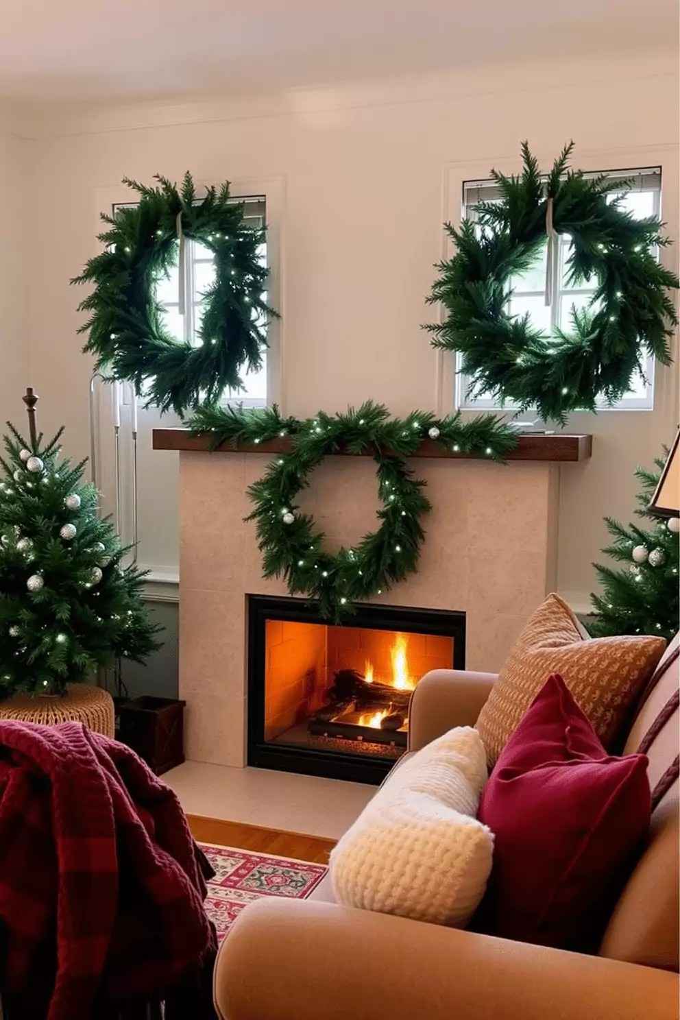 A large, lush wreath centered over a fireplace mantel