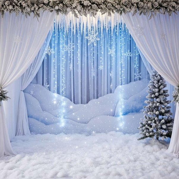 Living room party setup featuring deep midnight blue accent wall, illuminated Christmas tree, and silver baubles.
