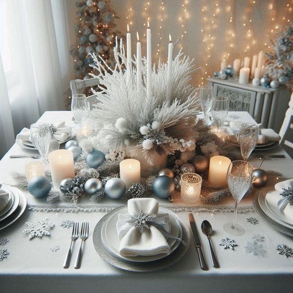 Modern dining table with frosted white floral centerpiece, cut crystal glasses, and warm ambient votive lighting.