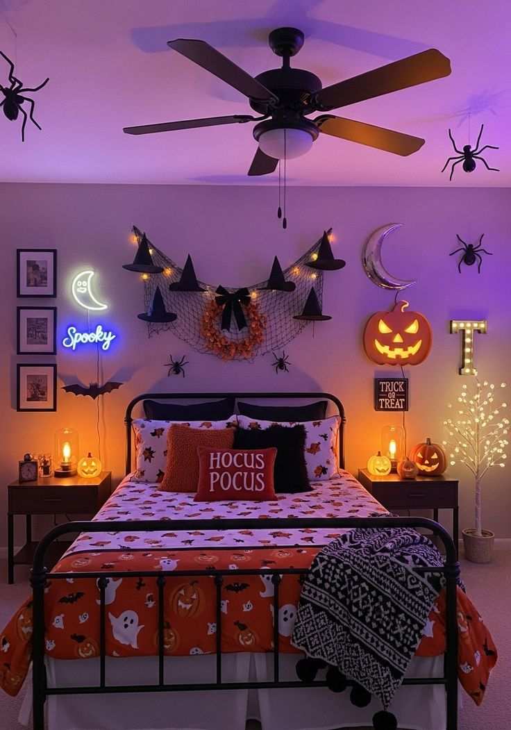 Bedroom with witch hat garland, purple neon light, and spooky cozy decor.