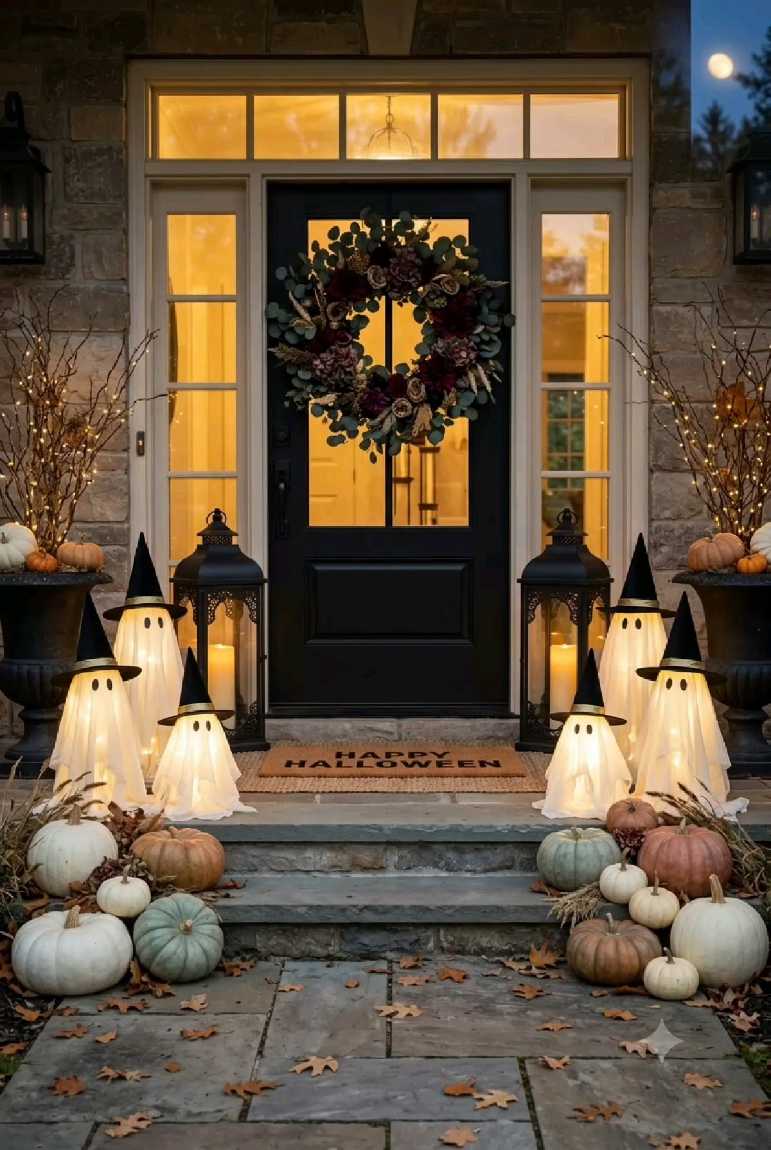 Pastel pumpkins and illuminated ghost figures near a witch hat on a porch.