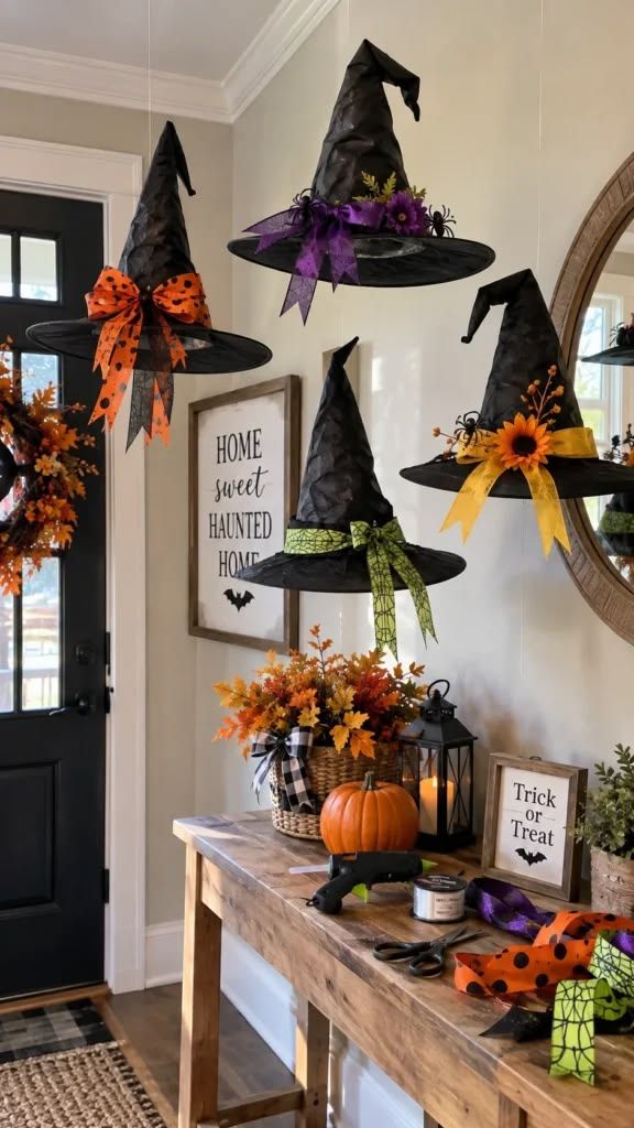 Entryway console table with black witch hats, red ribbons, and a dark mirror.
