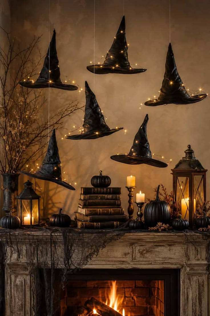 Fireplace mantel with black pumpkins, floating witch hats, and flickering candlelight.