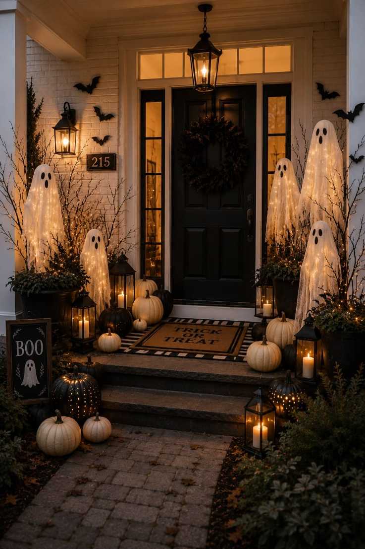 Front porch with glowing sheet ghosts, witch hats, and string lights.