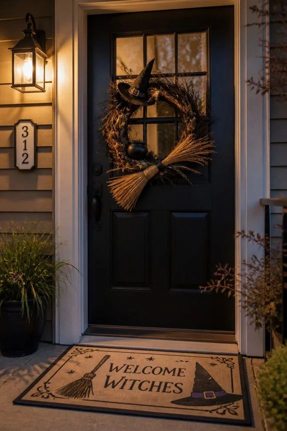Front door with twig wreath, welcome witches mat, and hanging herbs.