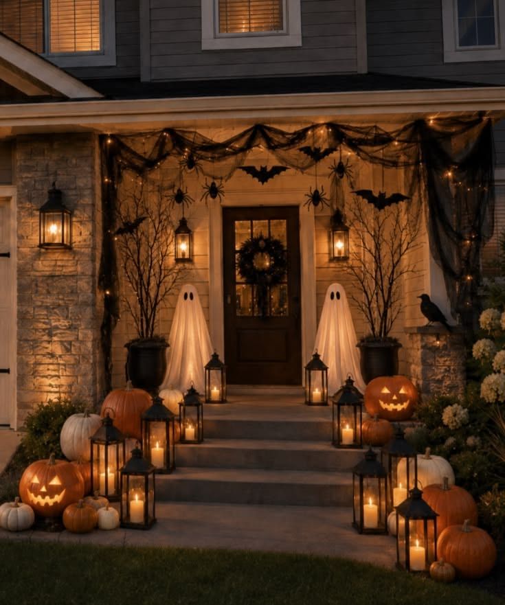 Porch with lit glass lanterns, glowing ghosts, and black pumpkins.