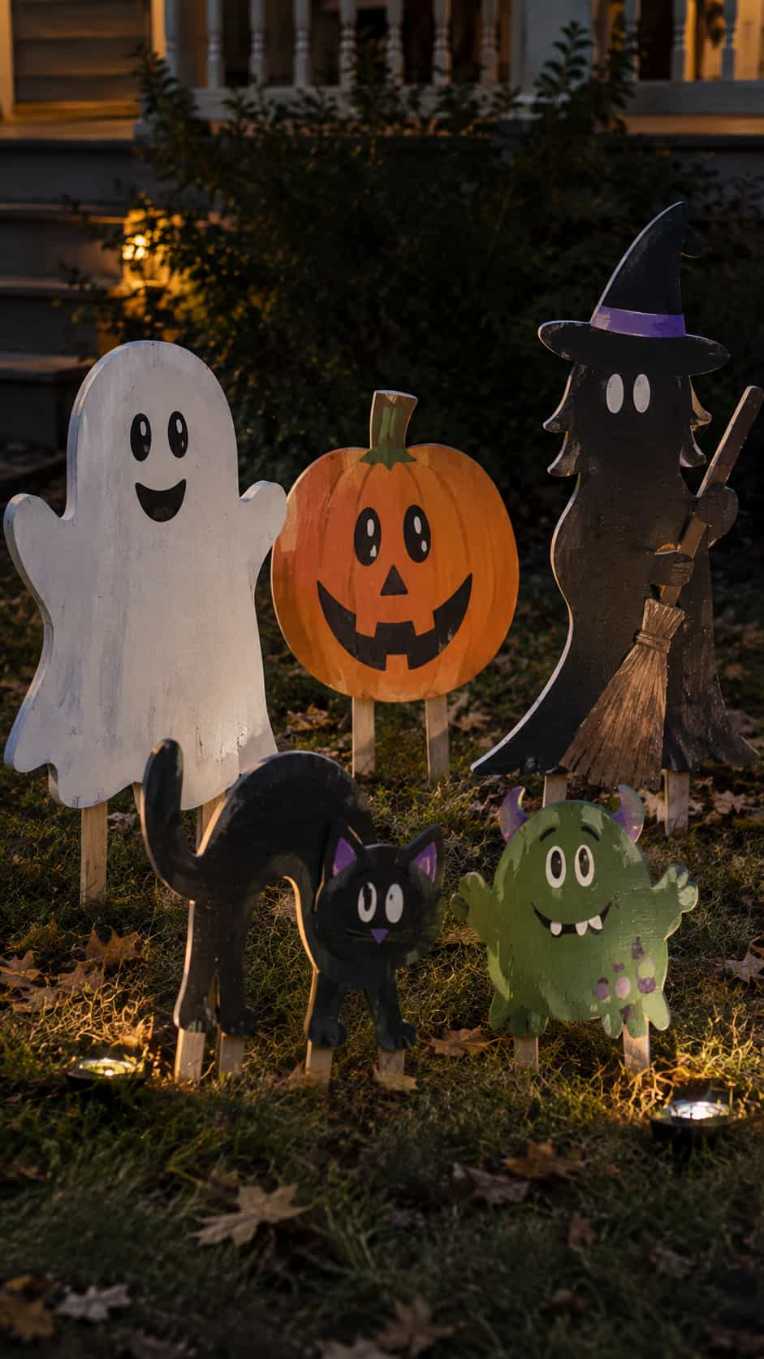 Lawn stakes featuring a witch, ghost, and black cat in a yard.