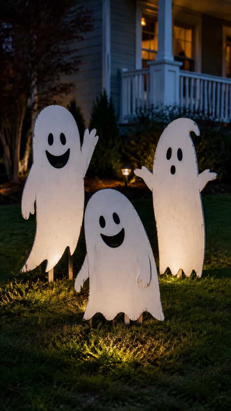Three white wooden ghost cutouts standing in a lawn.