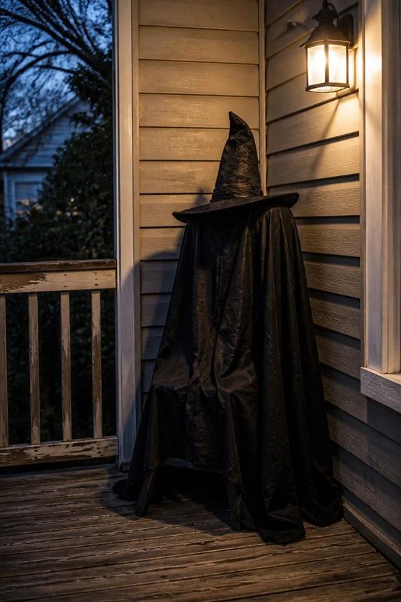 Life-size mannequin wearing a black witch cloak and hat.