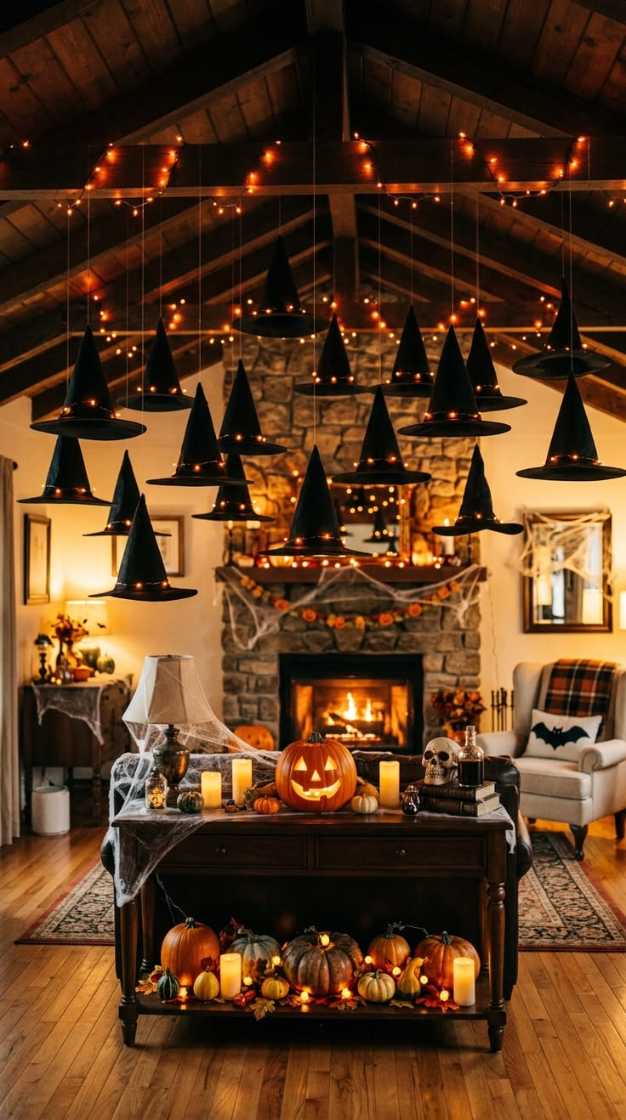 Several witch hats hanging from the living room ceiling.