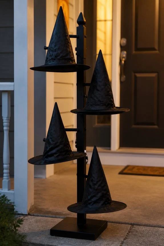Metal coat stand on a porch holding several witch hats.