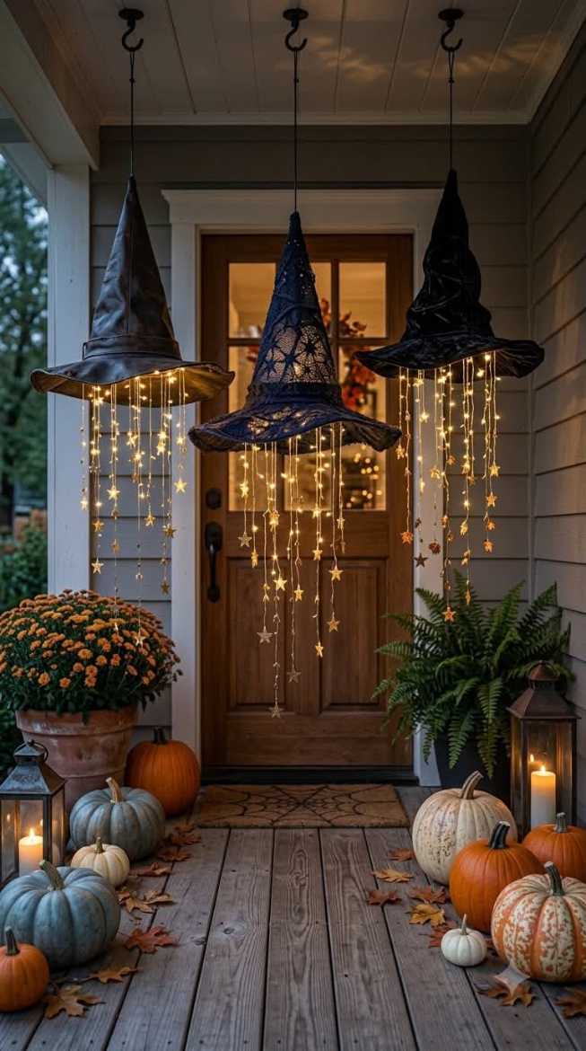 Porch with lace-trimmed witch hats and star-shaped string lights.