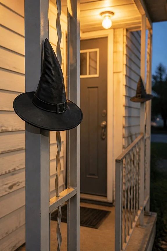 Large black witch hat perched on a porch pillar.