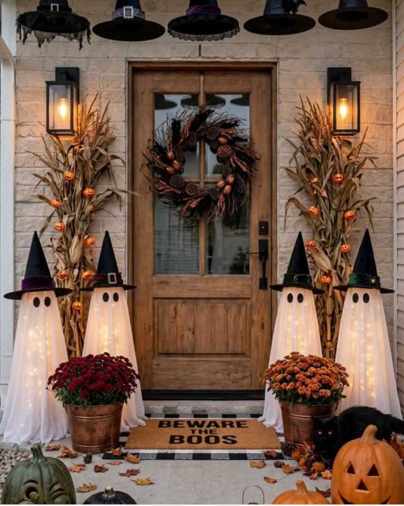 Standing illuminated witch ghosts on a porch.