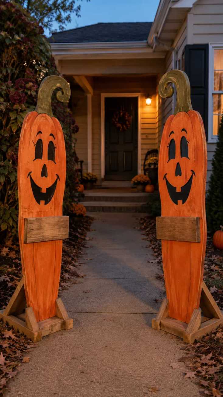 Tall wooden pumpkins lining a walkway with entrance signs.