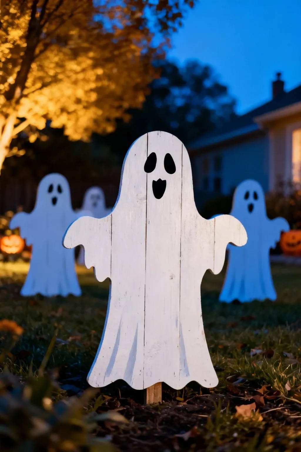 White wooden ghost decorations scattered in a lawn.