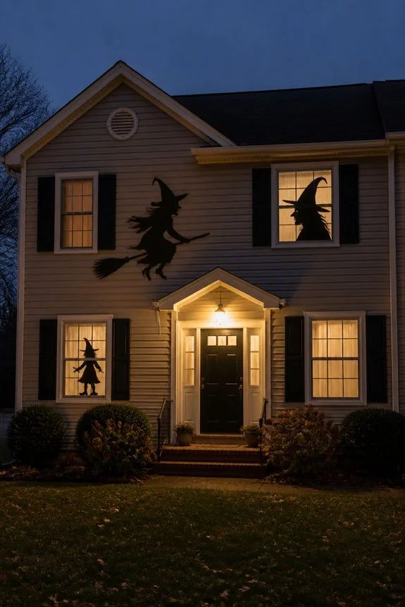 Window with backlit flying witch silhouettes.
