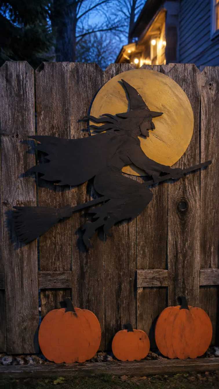 Wooden cutout of a flying witch and moon on a fence.
