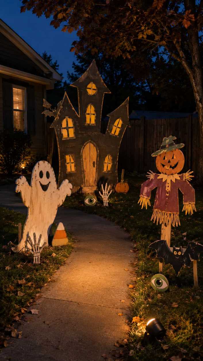Yard walkway with scarecrows and ghost cutouts.