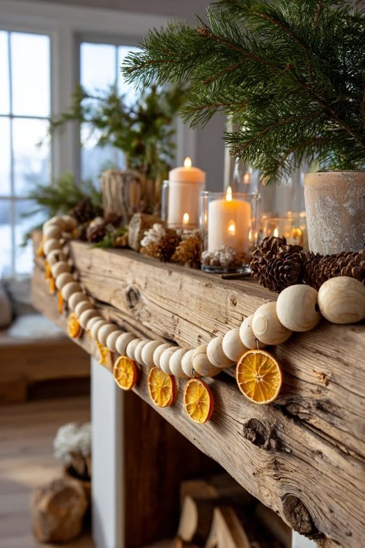 Rustic mantel with a large wood bead garland, dried orange slices, and cinnamon sticks.