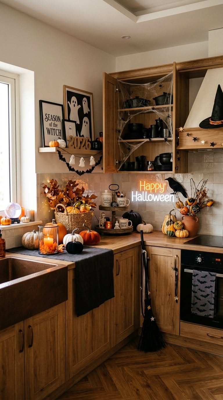 Warm wood cabinets with a bright neon happy halloween sign mounted