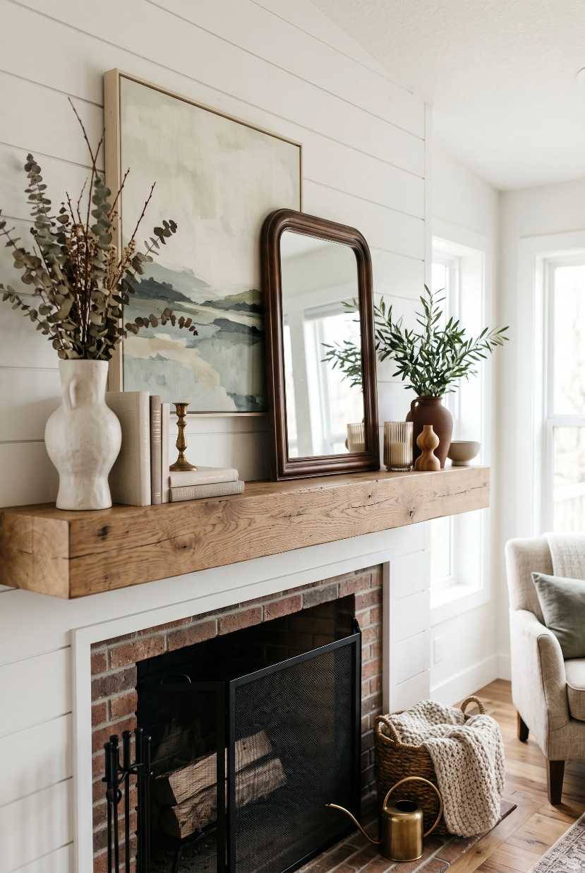 Wood mantel with a round mirror and dried branches reflecting the room light