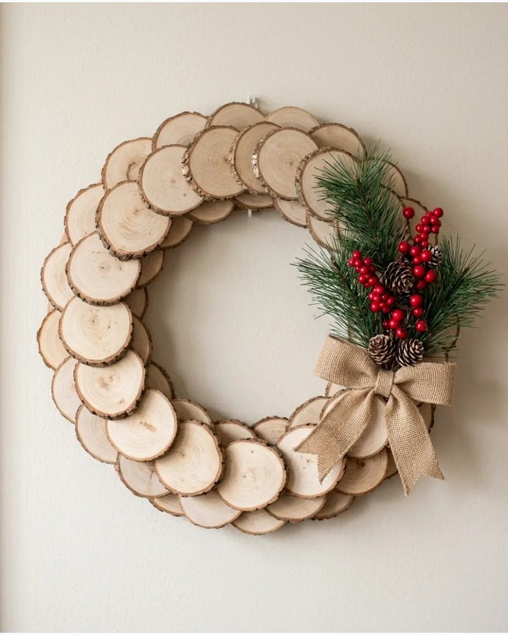 Wood slice wreath on white wall with natural light