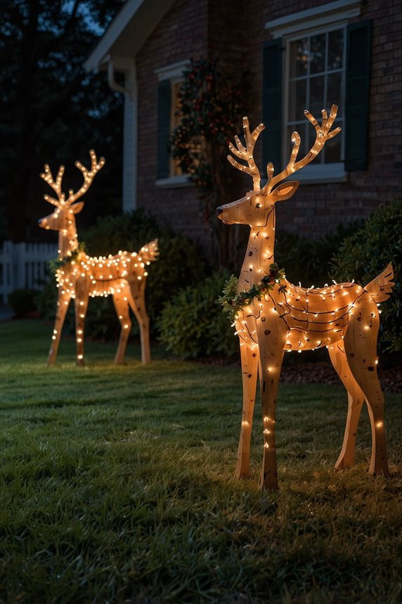Porch entrance featuring minimalist plywood reindeer silhouettes with warm hidden LED perimeter backlighting.
