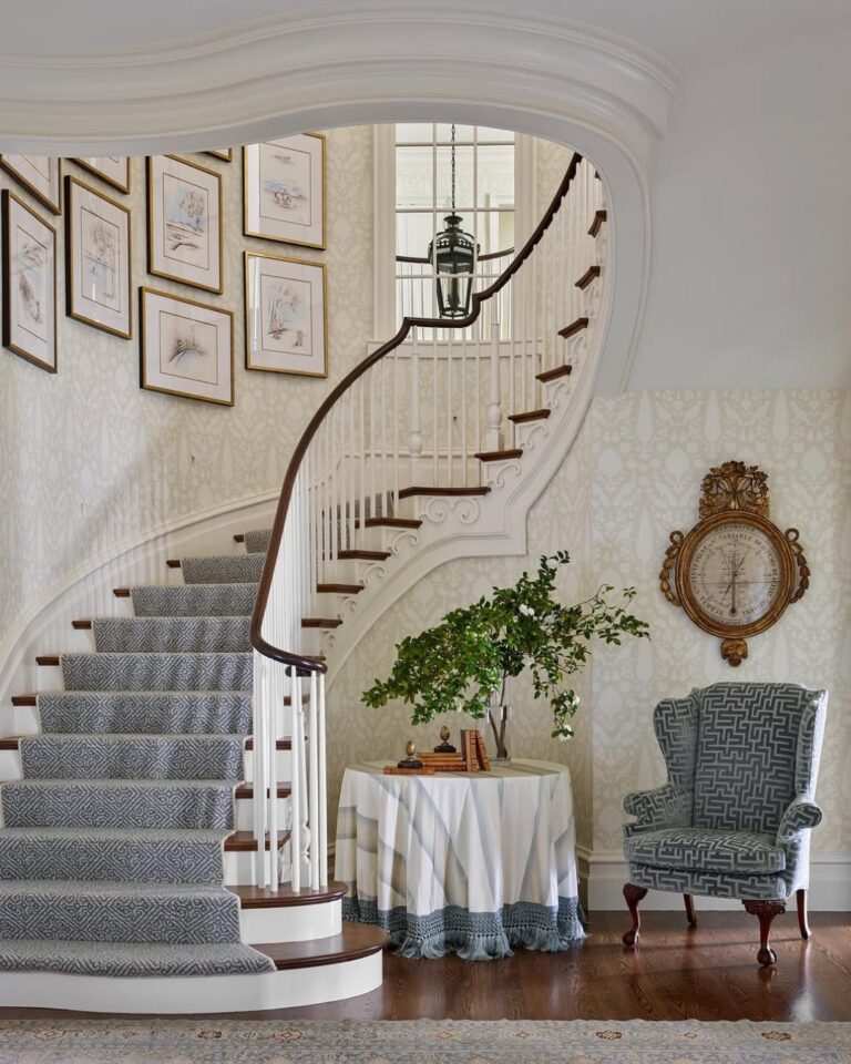 Shabby chic staircase with distressed furniture, floral patterns, and soft colors, romantic style
