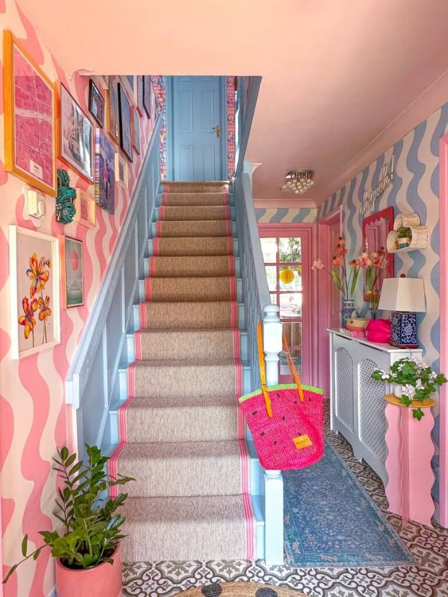 Eclectic staircase with mixed styles, diverse textures, and personal touches, unique and personal
