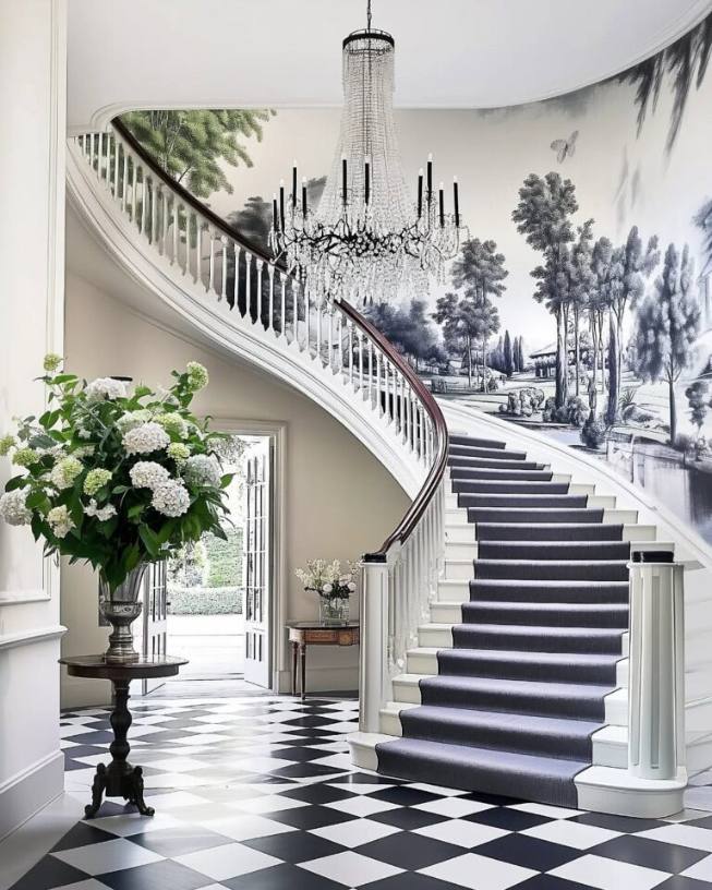 Contemporary staircase with clean lines, neutral colors, and modern lighting, sleek and stylish