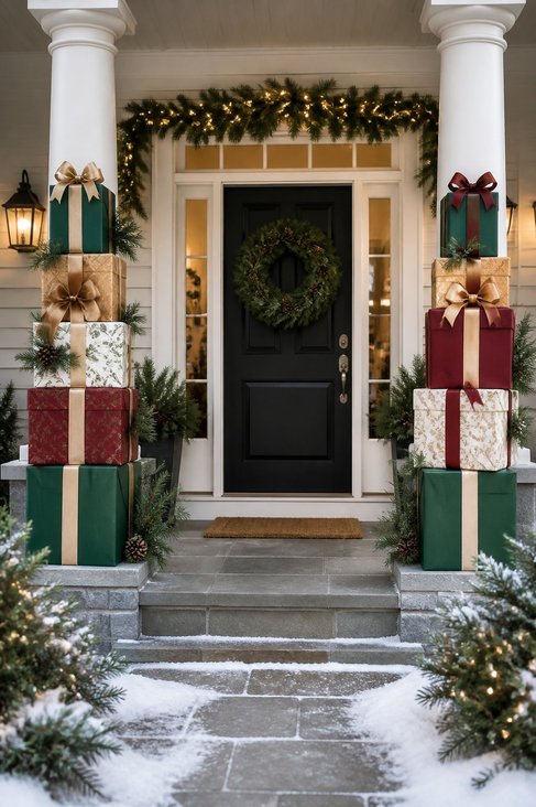 Front porch pillars topped with wrapped gift boxes, festive ribbons, soft lighting