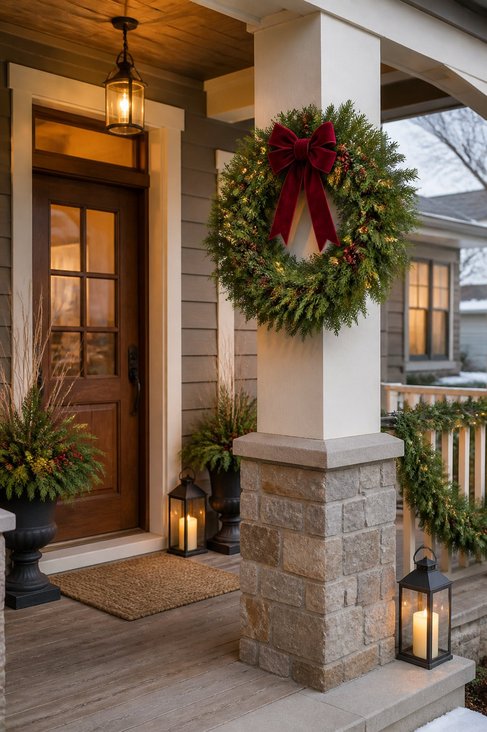 Front porch pillars adorned with wreaths at eye level, pine needles, gold accents, warm lighting