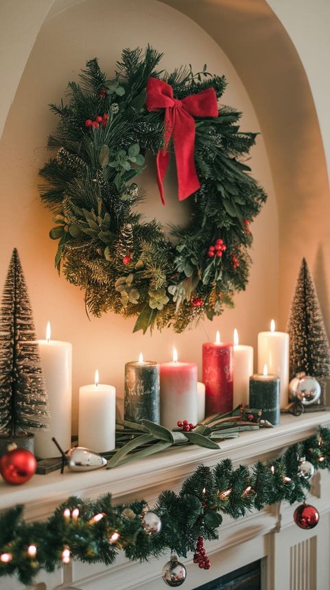 Mantel with a wreath, large bow, and taper candles in a classic holiday display.