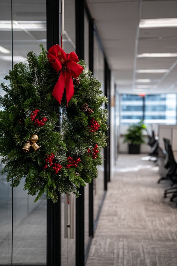 A green wreath with red berries hanging on a cubicle door handle.
