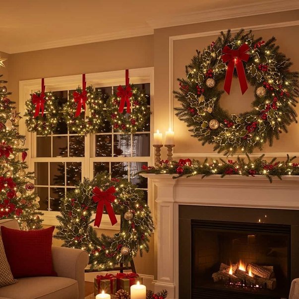 Cozy living room fireplace with lush evergreen wreath, dramatic red ribbon bow, and warm glowing embers.