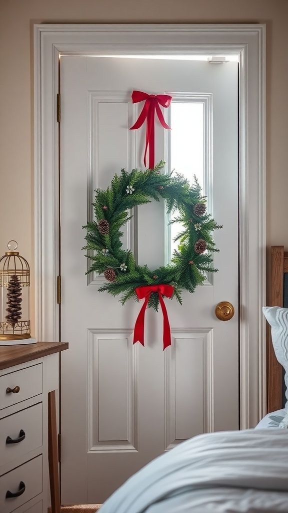 Bedroom door with a green wreath, white door, and warm lighting from inside.