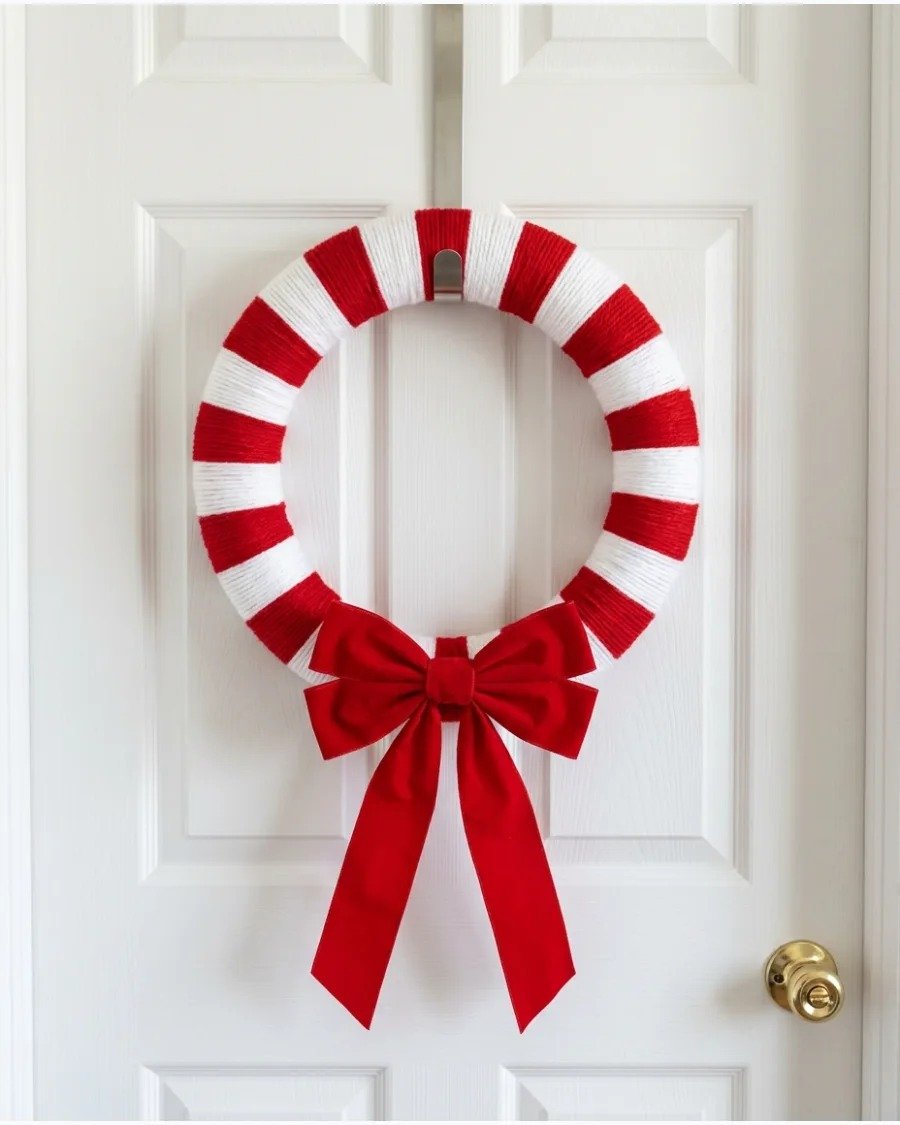 Yarn candy cane wreath on white wall with soft lighting