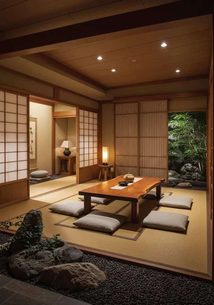 Zen basement room with tatami mats and shoji screens