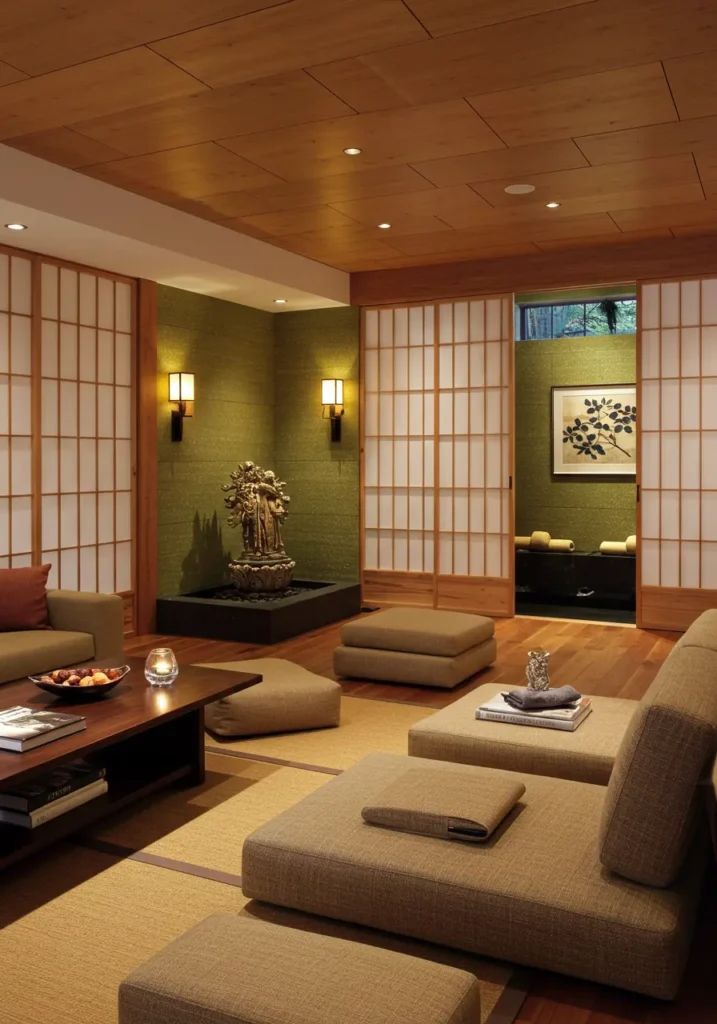 Zen meditation room with indoor garden and shoji screens